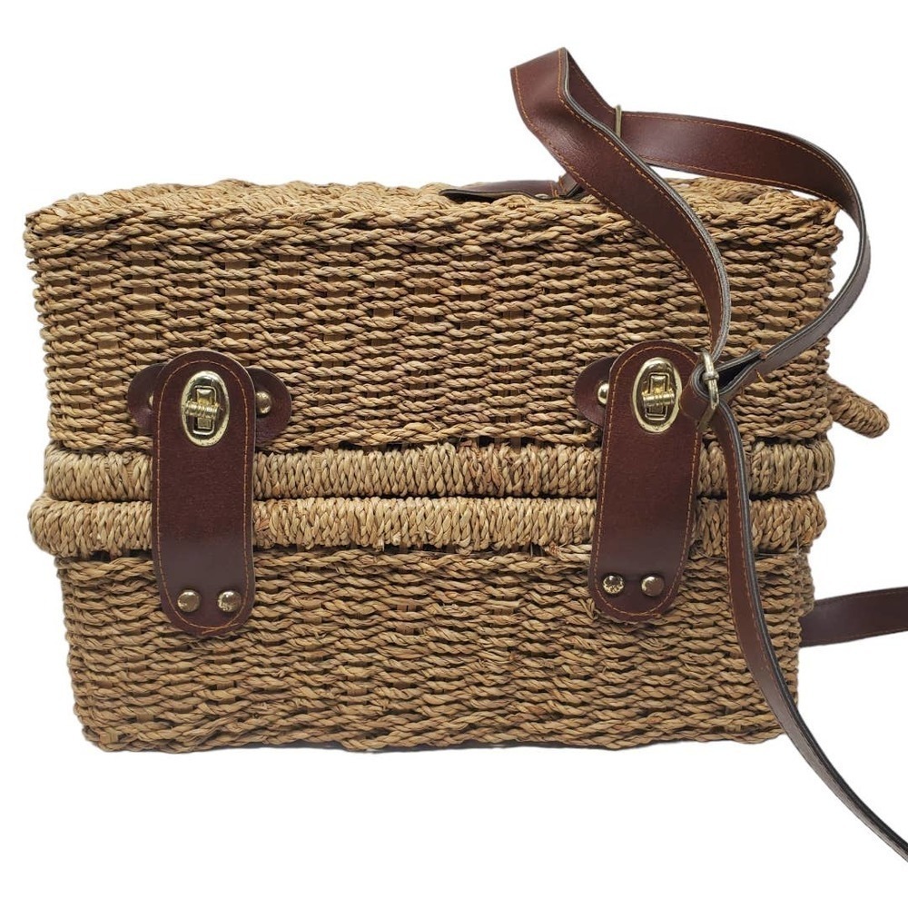 Vintage Wicker Straw Picnic Bag Basket Purse Handle & Strap Cottagecore Boho